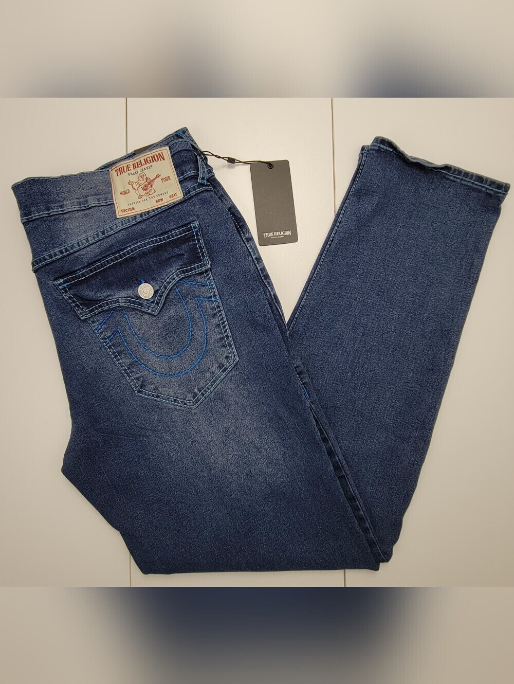 True Religion Geno Big T Flap Slim Jeans in Medium Blaze Wash Size 36X32 New